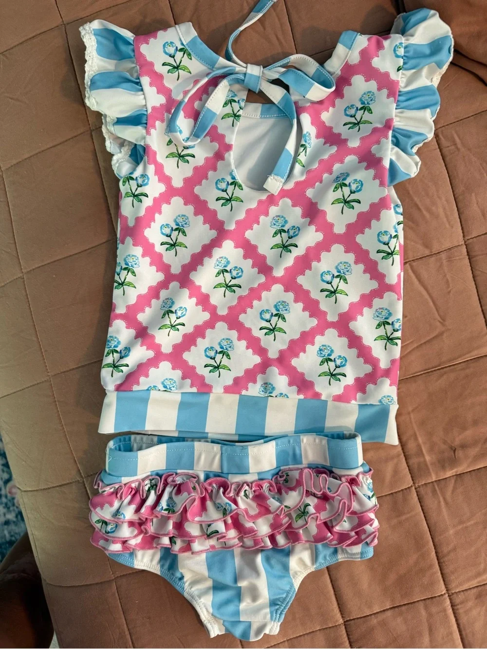 Girls Blue & Pink Floral Stripe Two-Piece swim set